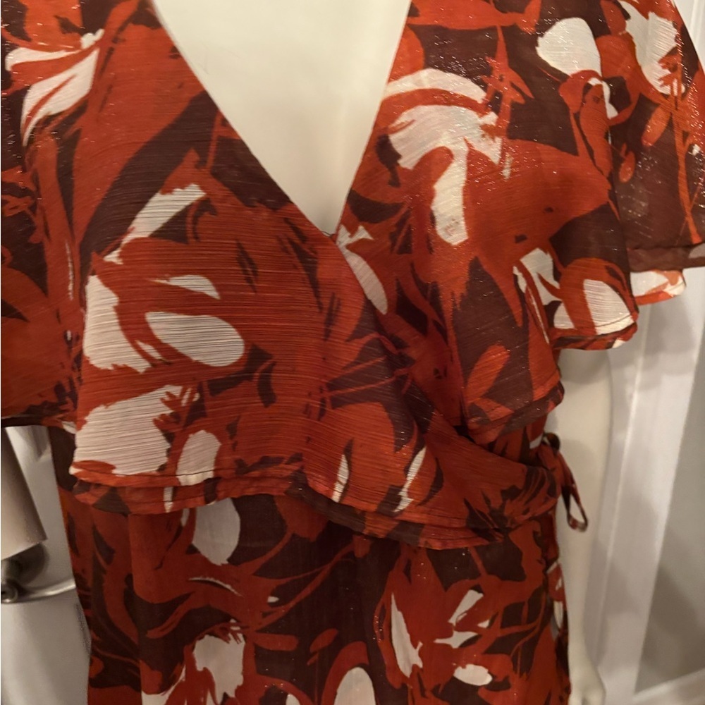 CALVIN KLEIN Flutter Sleeve Wrap Dress 'Earth Multi' Orange Rust Autumn Sz 16 - Picture 6 of 13